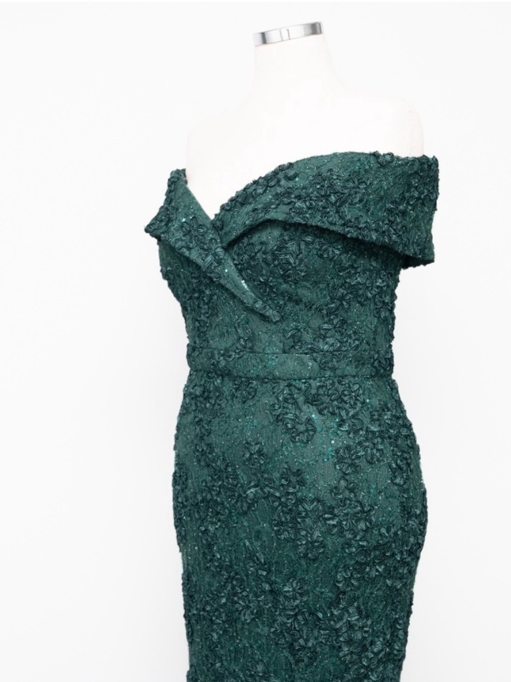 Xscape Off-Shoulder Teal Lace Evening Gown - Picture 12 of 14